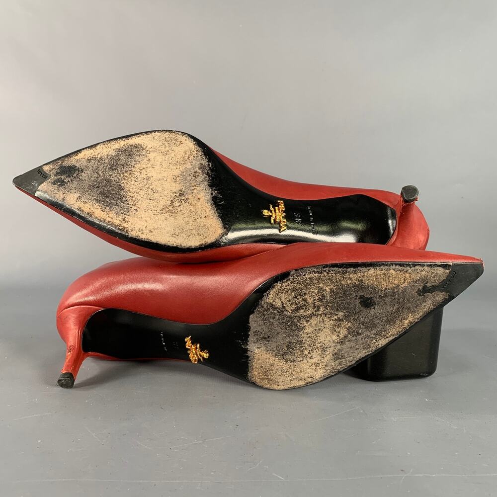 PRADA Size 8 Red Leather Kitten Heel Pointed Toe Pumps - Picture 6 of 11